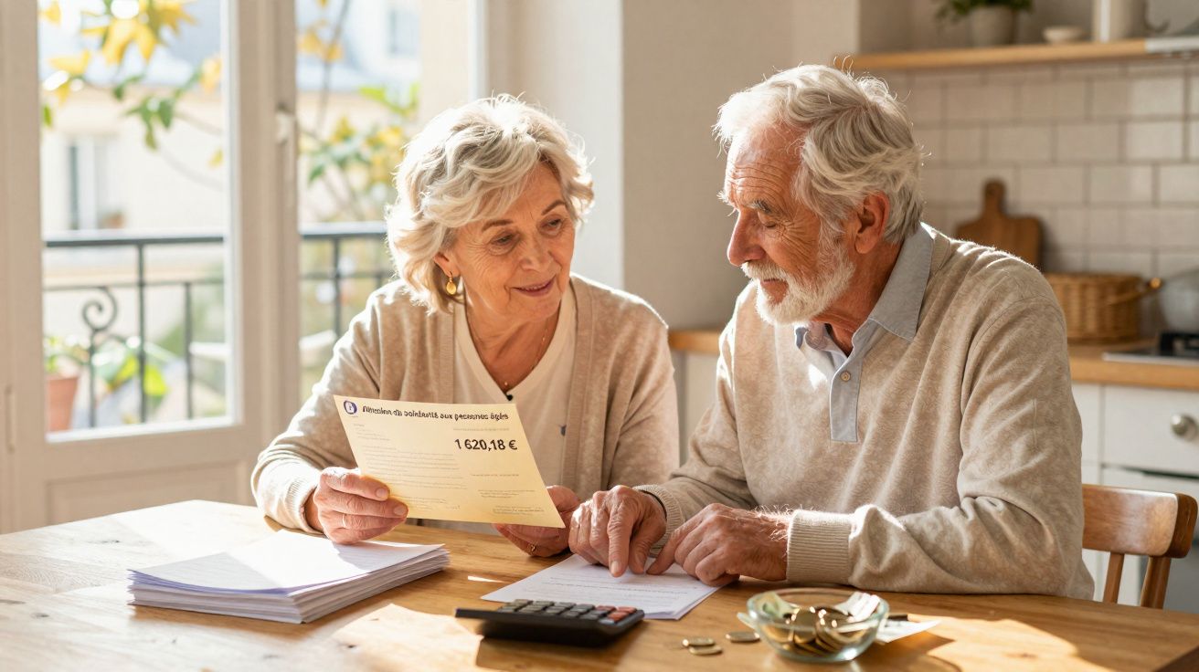 Casal sénior a analisar uma conta e fazer contas numa mesa com calculadora e moedas.