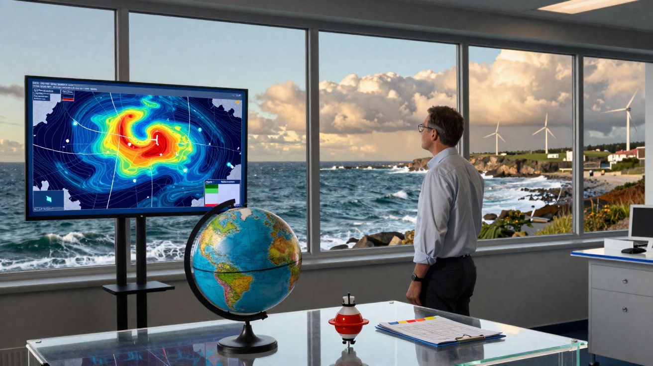 Homem num escritório observa ecrã com mapa do oceano e tempestade, janela mostra mar e turbinas eólicas.