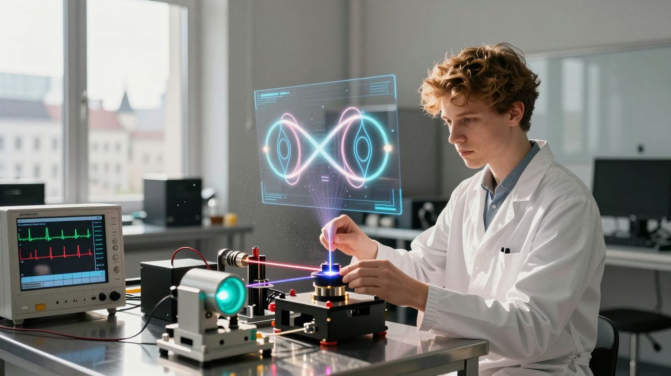 Cientista jovem a usar equipamento de laboratório com holograma digital num ambiente científico moderno.