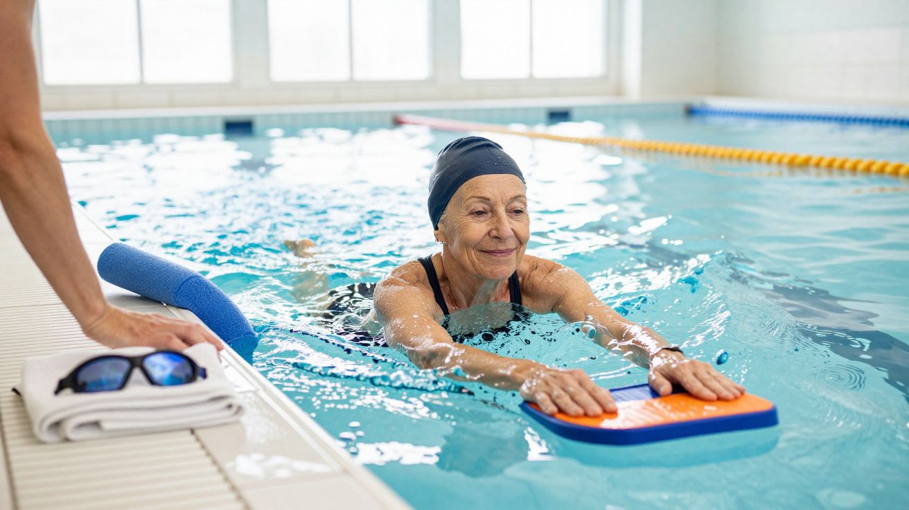 Idosa com touca de natação a usar prancha na piscina interior durante aula de hidroginástica.