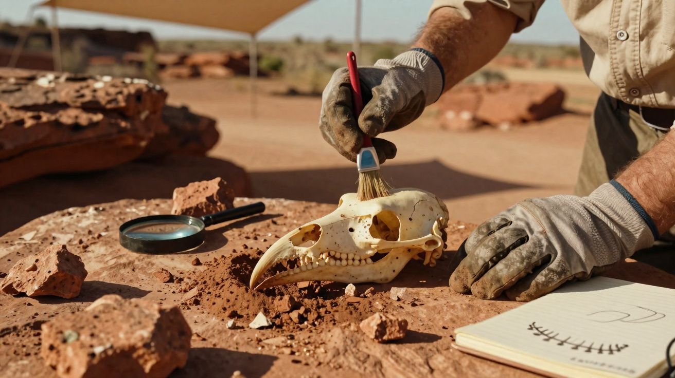 Arqueólogo a limpar com pincel um crânio animal antigo numa mesa de pedra ao ar livre.