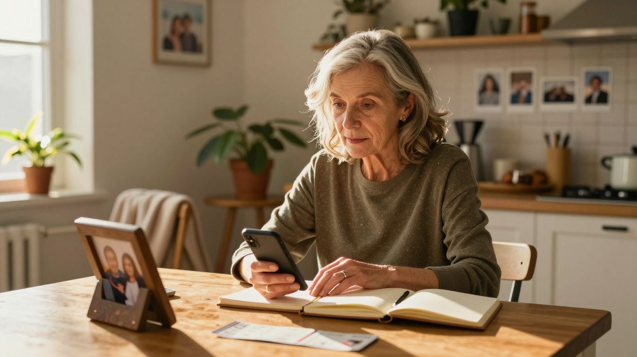 Mulher sénior sentada à mesa a usar telemóvel, com caderno aberto e fotografias emolduradas à sua frente.