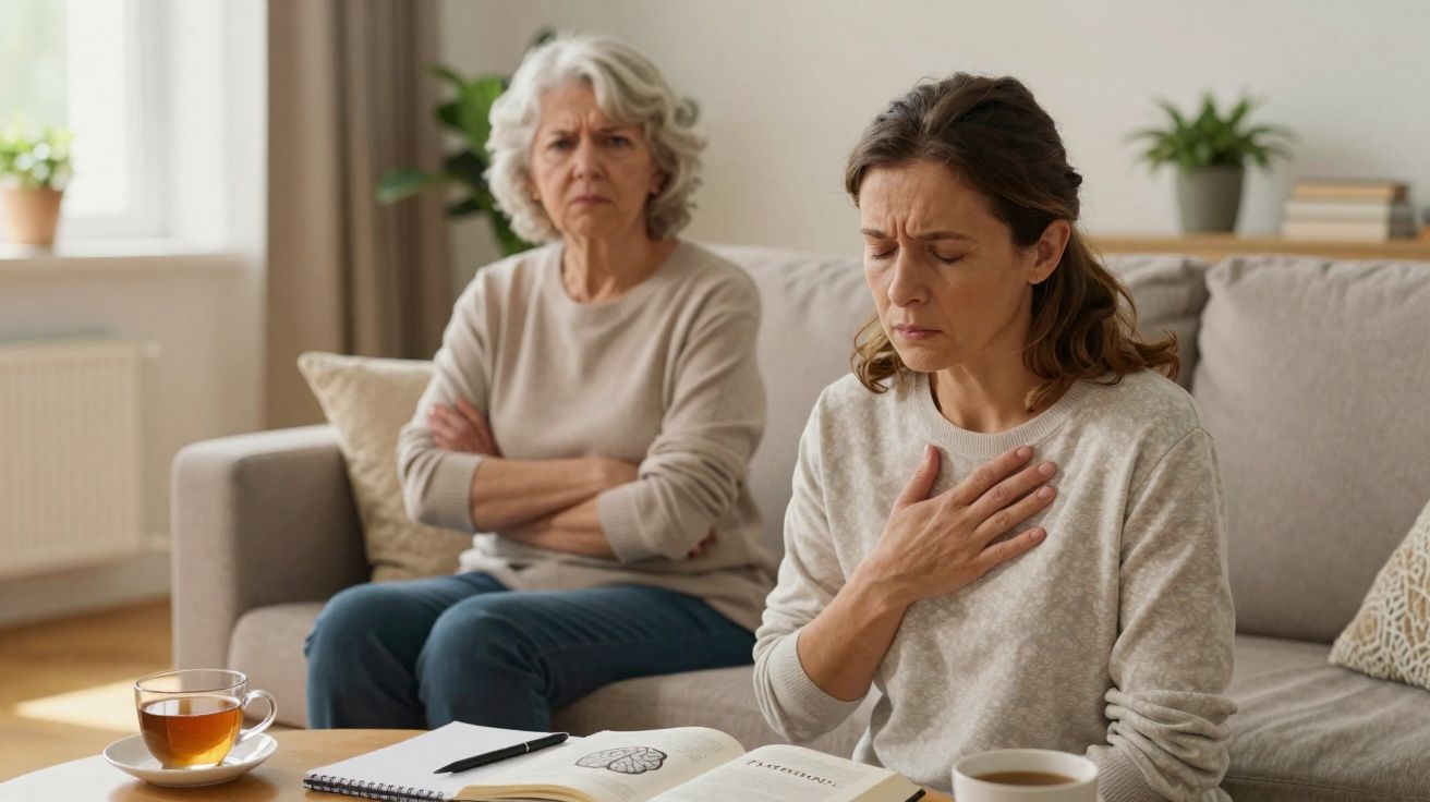 Duas mulheres sentadas no sofá; mulher mais nova com mão no peito, mulher mais velha com braços cruzados e expressão preocupa