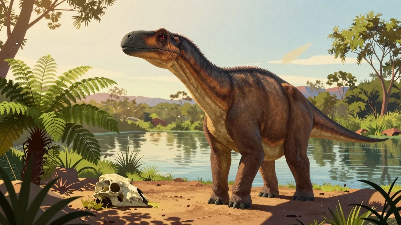 Dinossauro herbívoro em ambiente pré-histórico junto a um crânio e vegetação perto de um lago.