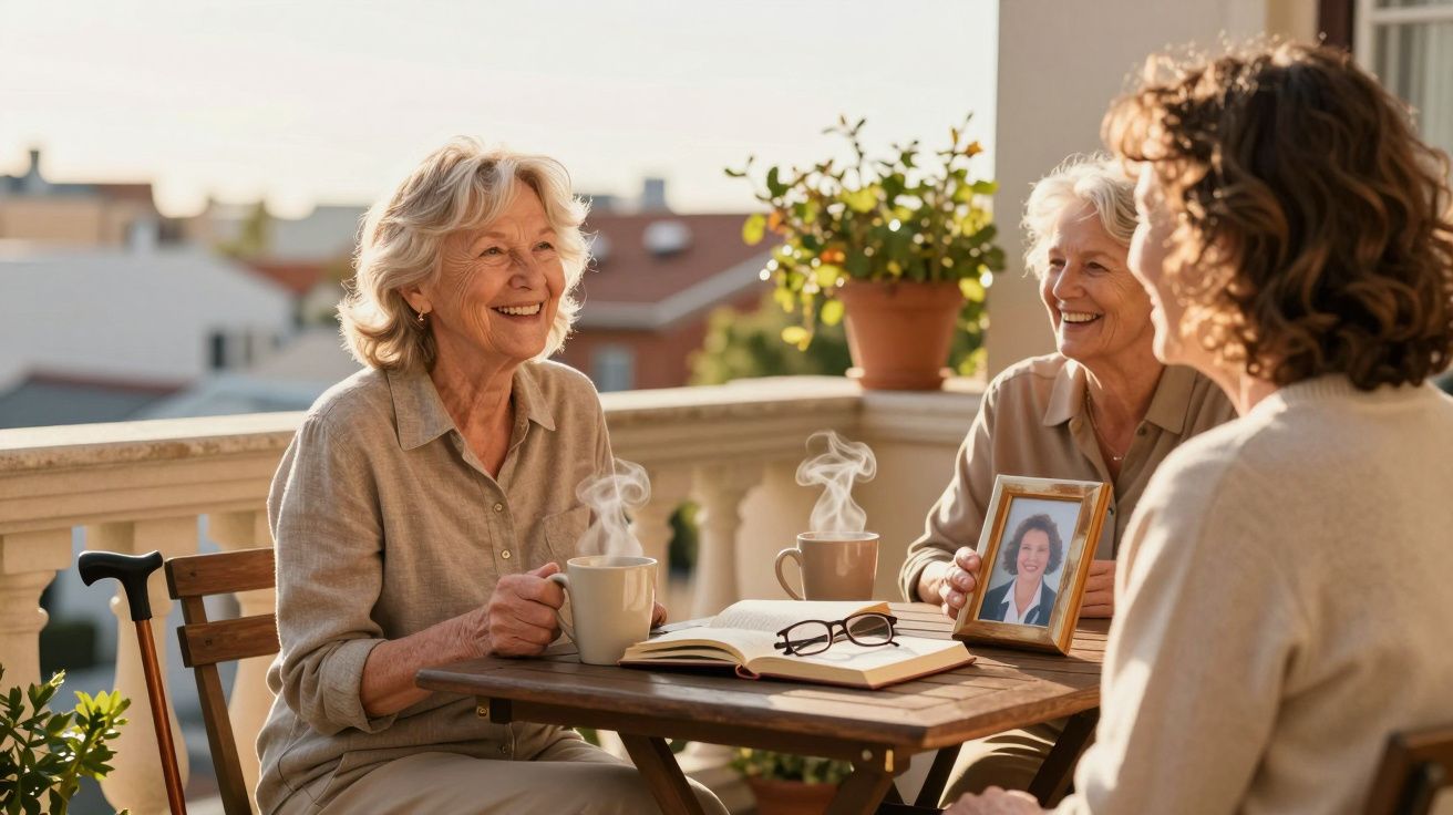 Três mulheres sentadas à mesa ao ar livre a beber chá, sorrindo e segurando uma fotografia emoldurada.