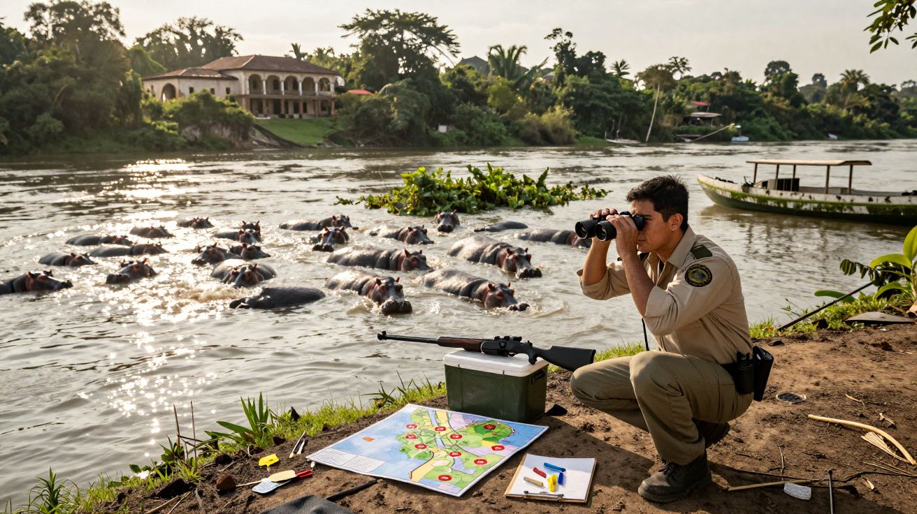 Homem com binóculos observa hipopótamos num rio, com mapa e rifle junto à margem.