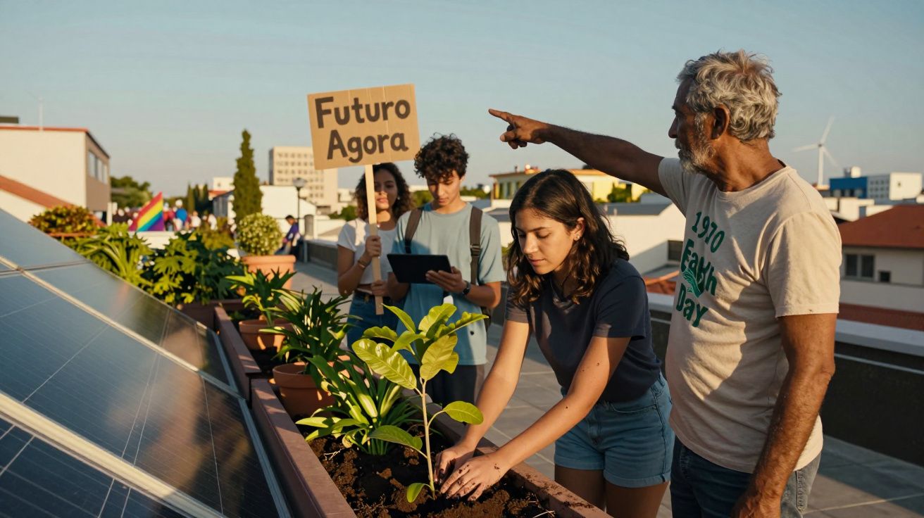 Grupo de pessoas junto a painéis solares e plantas, com cartaz "Futuro Agora" numa campanha ambiental.