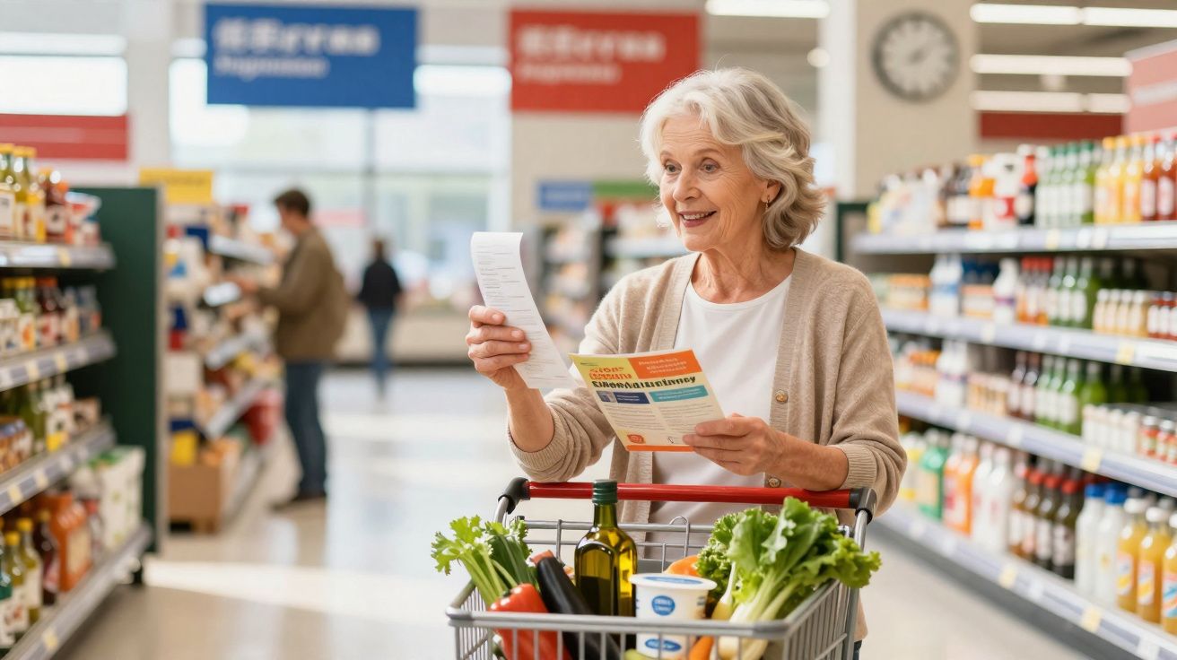 Idosa com cabelo branco segura lista de compras e folheto num corredor de supermercado com carrinho cheio de legumes.