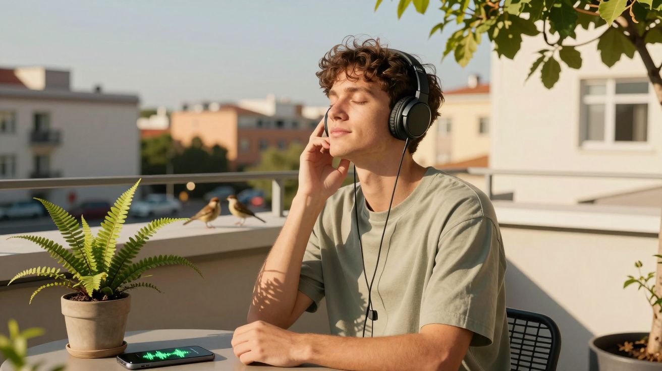 Jovem relaxa com auscultadores a ouvir música ao sol numa varanda com plantas e pássaros ao fundo.