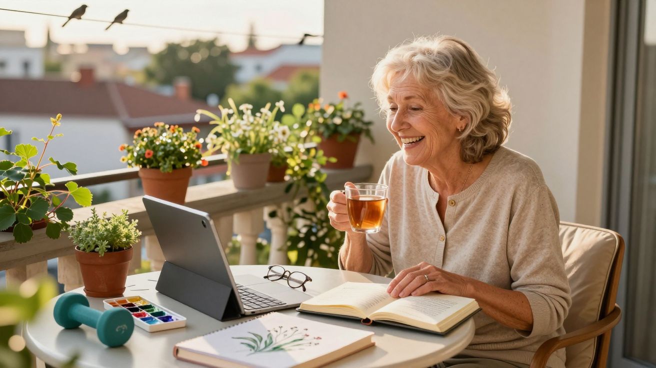 Mulher idosa sorridente sentada na varanda com chá, livro aberto, tablet e plantas à volta.