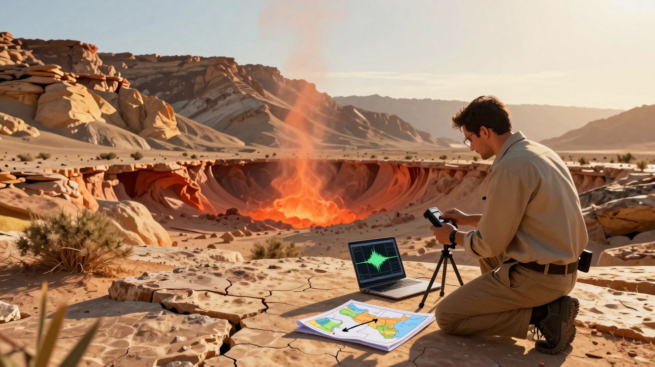 Homem com equipamento de medição estuda atividade vulcânica num deserto rochoso com crateras e lava.