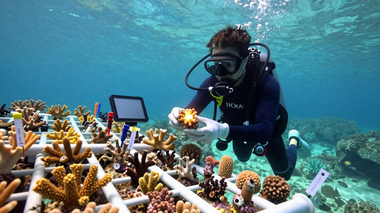Mergulhador a estudar e recolher corais em laboratório subaquático para conservação marinha.