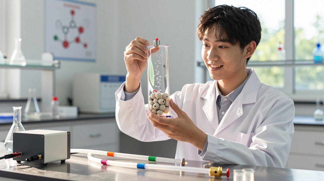 Jovem cientista em bata branca a segurar cilindro com esferas brancas num laboratório iluminado.