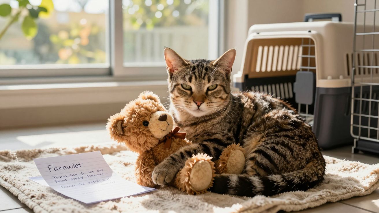 Gato tigrado deitado num tapete ao lado de um ursinho de peluche e uma nota escrita "Farewell".