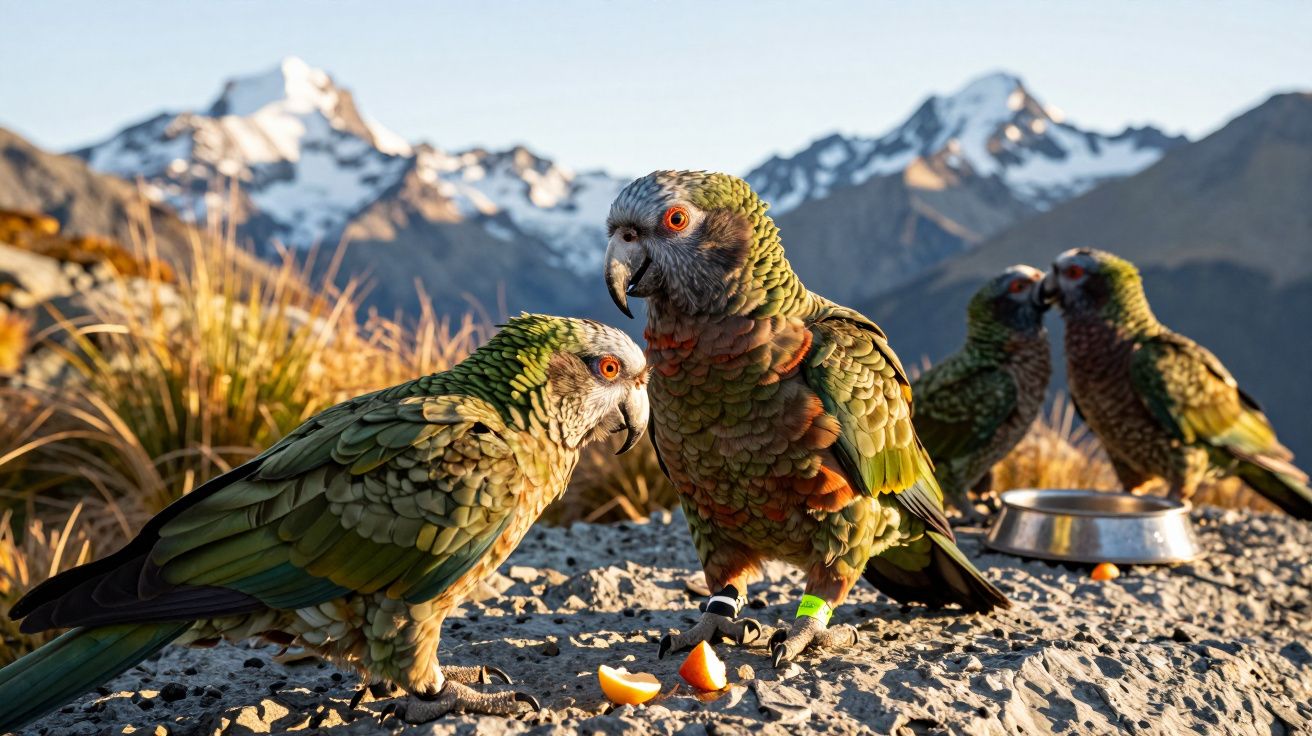 Papagaios coloridos sobre rochas com montanhas nevadas ao fundo, em ambiente natural.