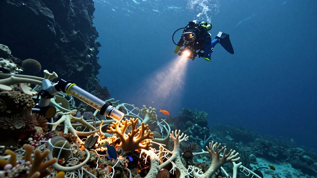 Mergulhador com lanterna explora recife de coral subaquático com peixes coloridos e equipamento.