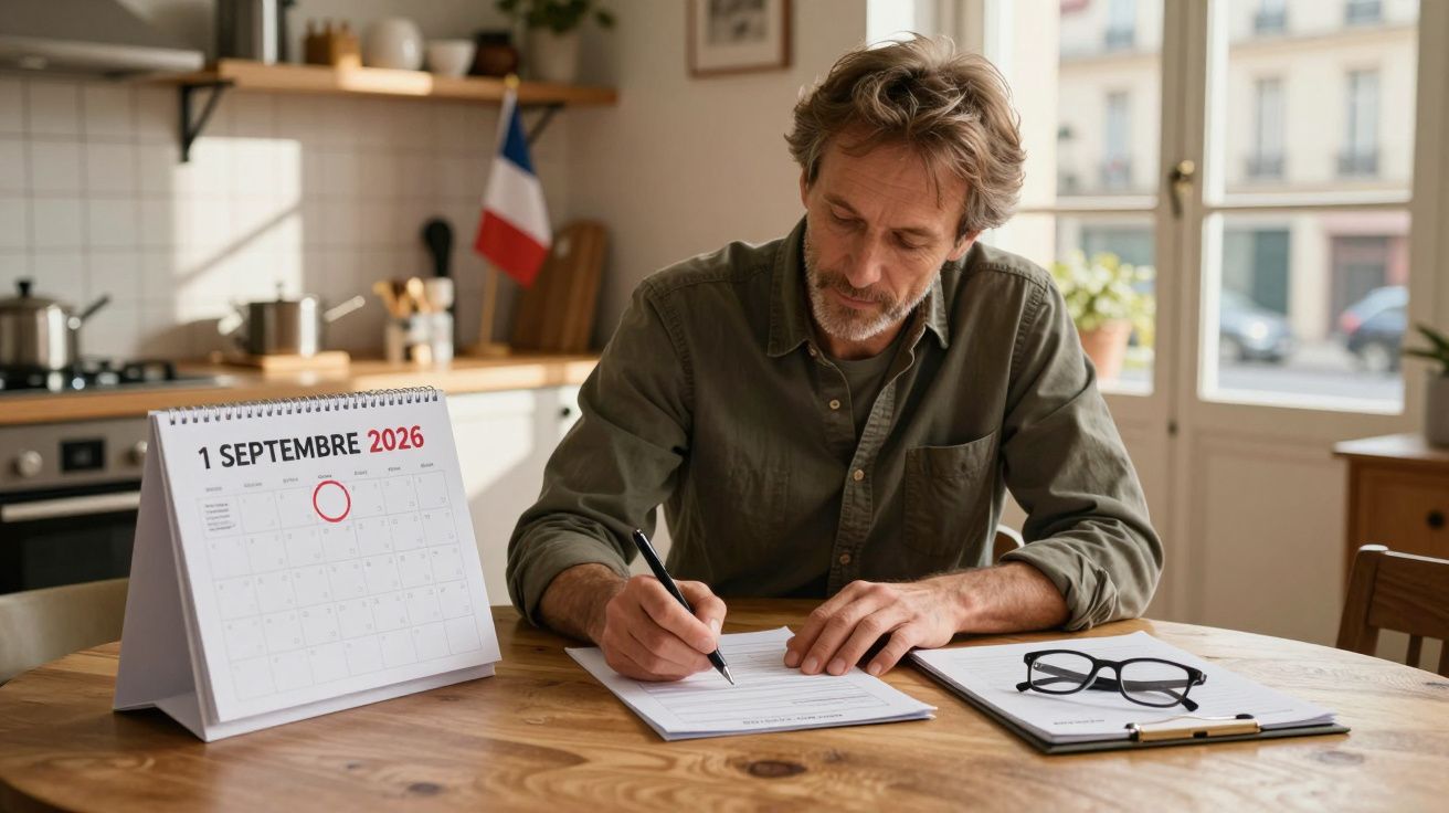 Homem sentado a escrever num papel à mesa com calendário de setembro de 2026 visível.