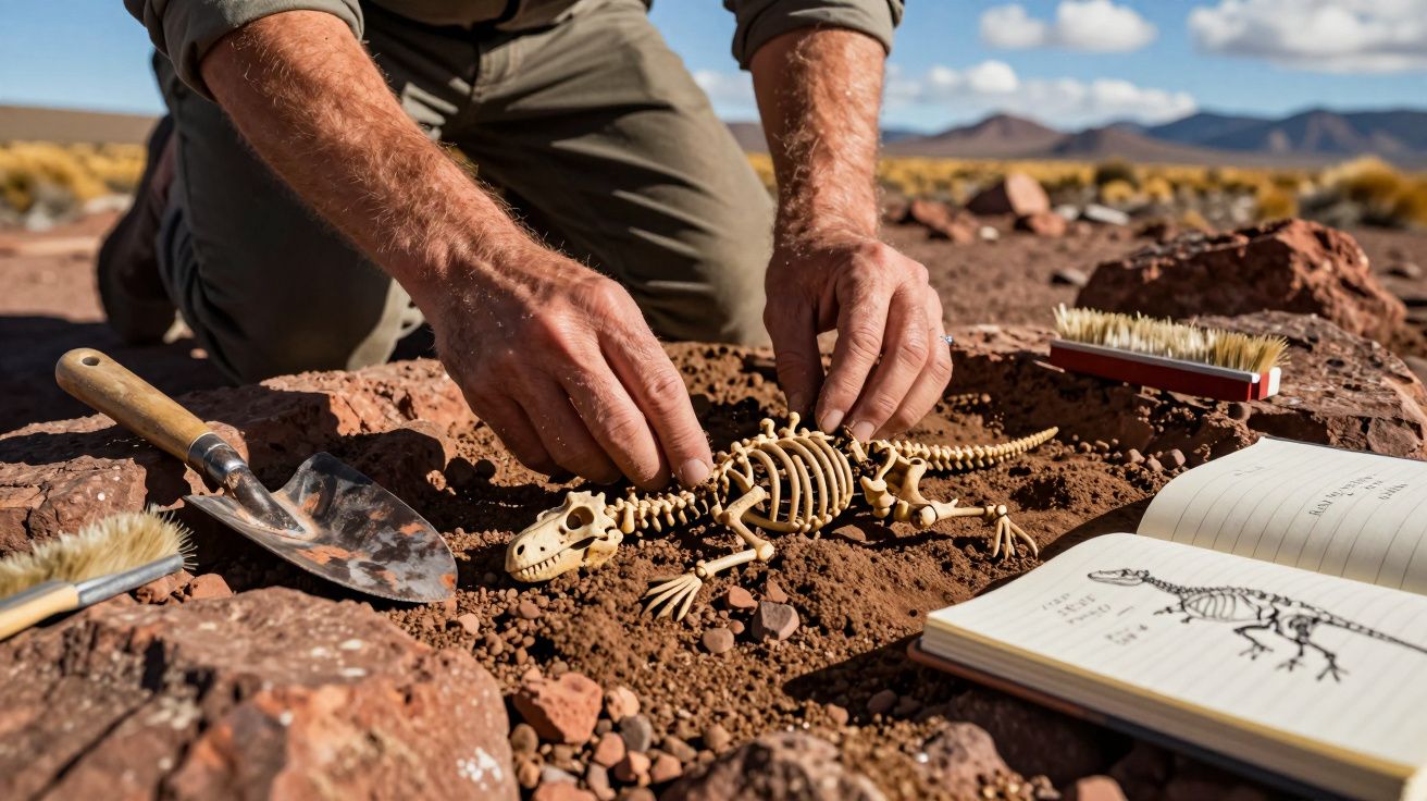 Mãos de arqueólogo a montar esqueleto fóssil de reptil na terra, com ferramentas e caderno de desenhos ao lado.