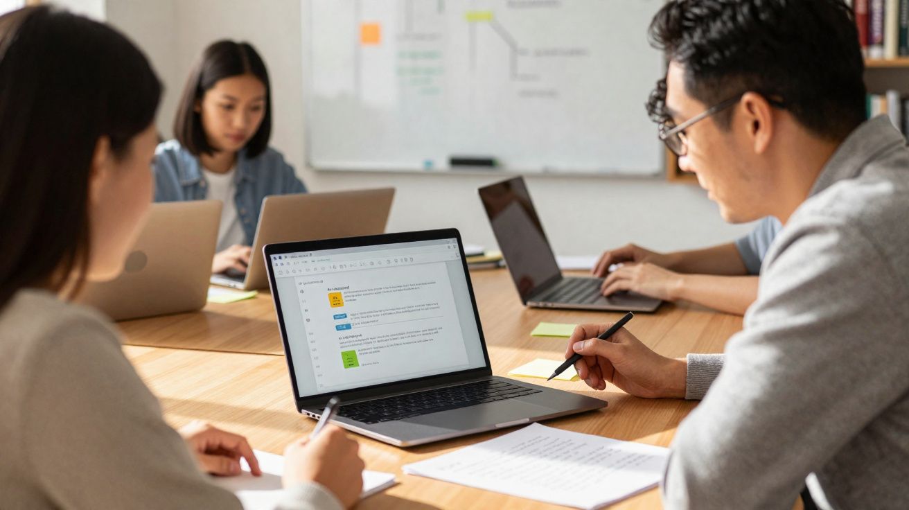 Quatro jovens sentados à volta de uma mesa com computadores portáteis e a fazer anotações numa reunião.