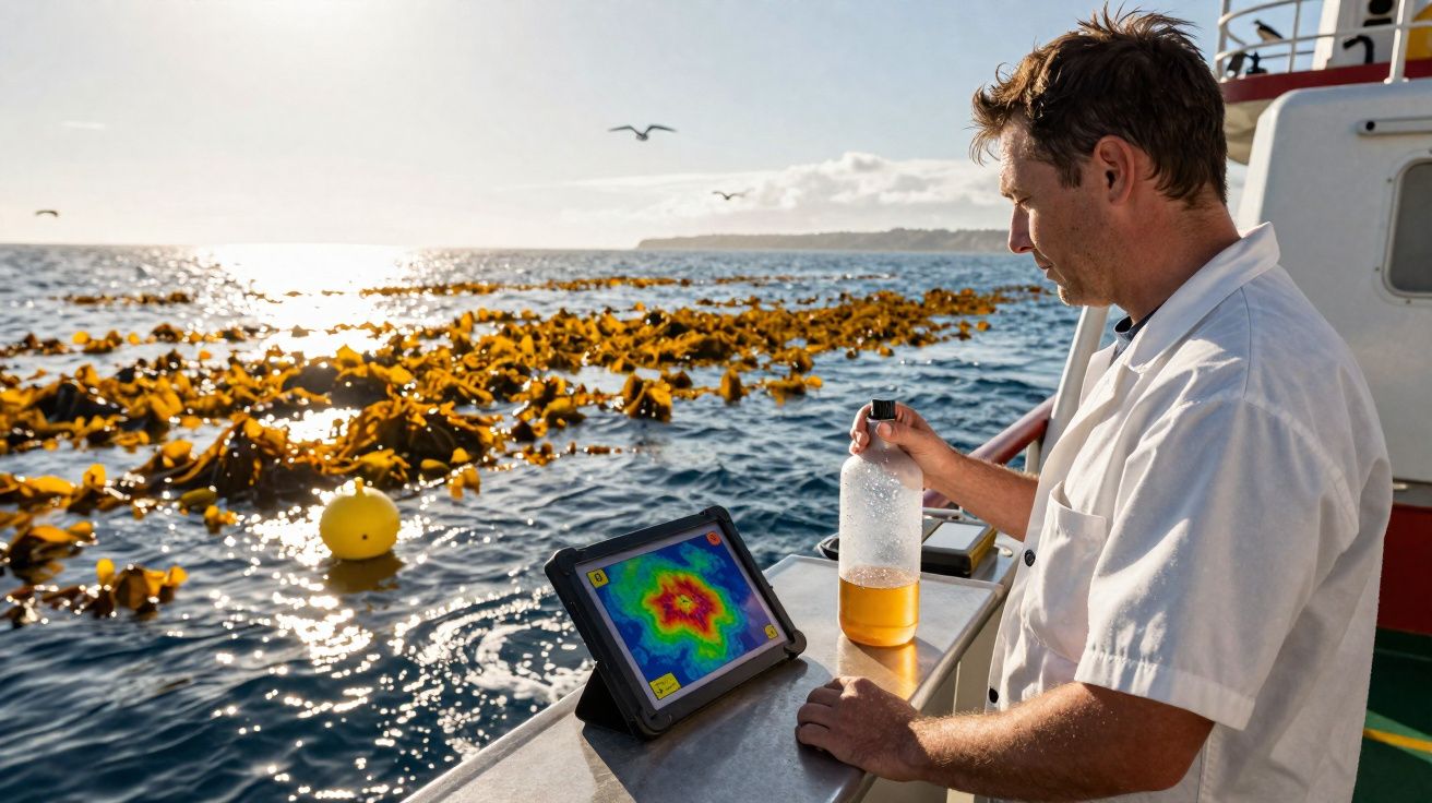 Homem a bordo de barco a analisar dados numa tablet e a segurar uma garrafa junto ao mar com algas marinhas.