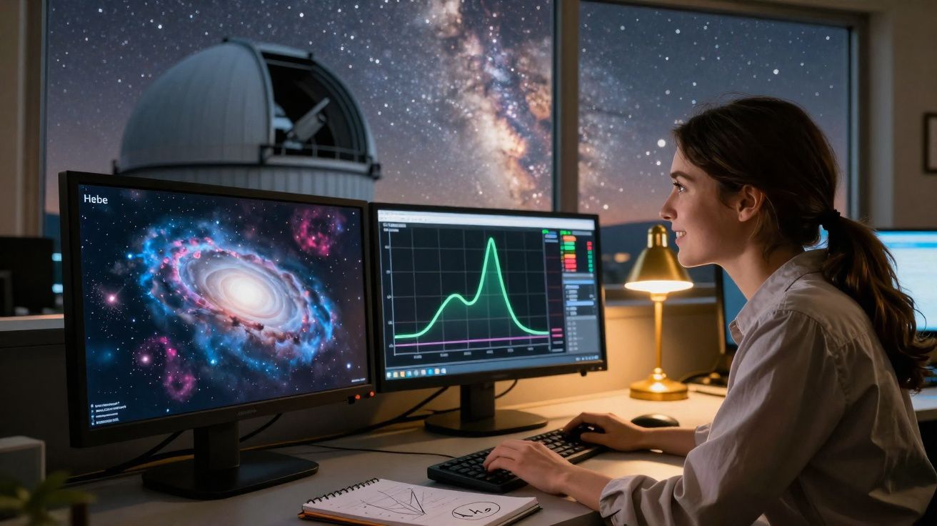 Mulher a analisar dados astronómicos em dois ecrãs com observatório e Via Láctea ao fundo à noite.