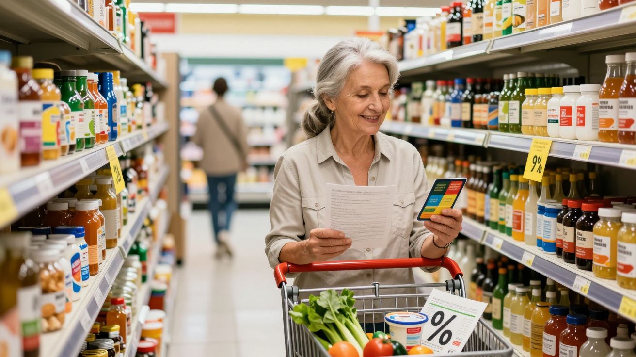 Mulher sénior no supermercado a comparar produtos e preços enquanto faz compras saudáveis.