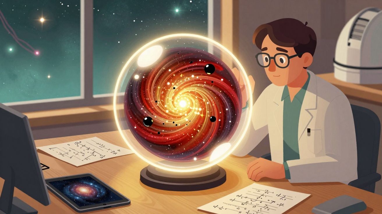 Ilustração de cientista observando uma galáxia espiral dentro de uma esfera luminosa na sua mesa de trabalho.