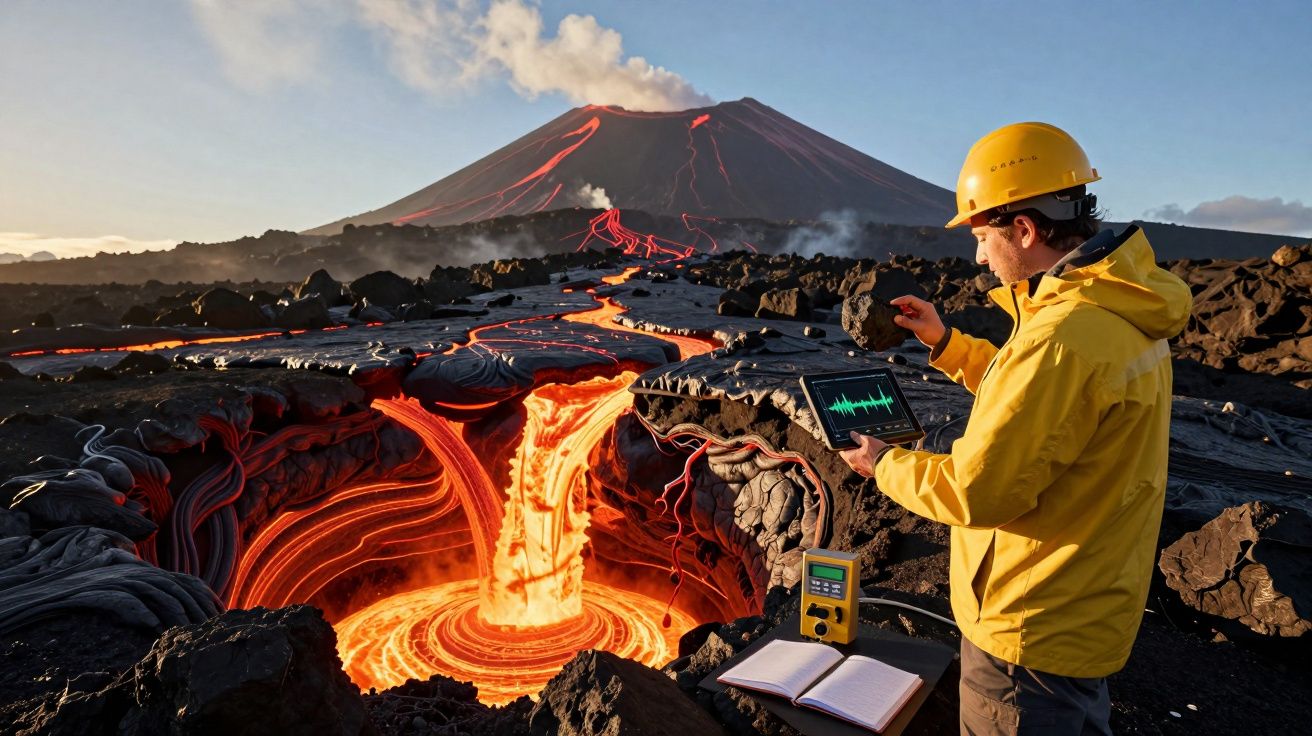 Cientista com capacete amarelo controla atividade vulcânica com lava quente na erupção, no computador portátil.
