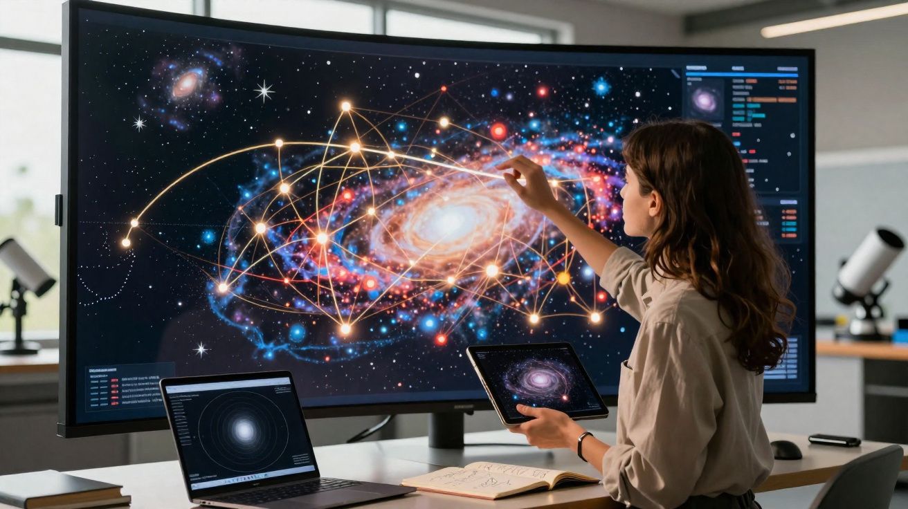Mulher a explorar visualização digital de galáxias e estrelas numa grande tela interativa num laboratório moderno.