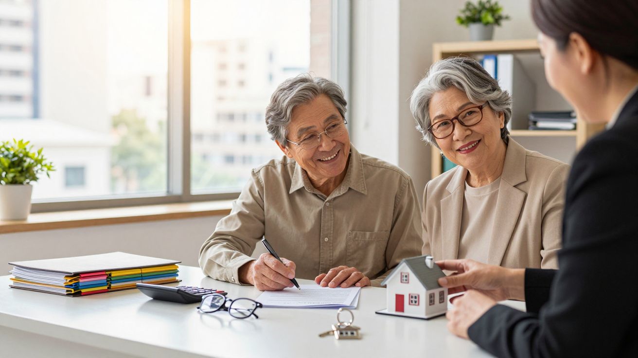 Casal sénior em reunião com consultor imobiliário, analisando documentos e miniatura de casa.
