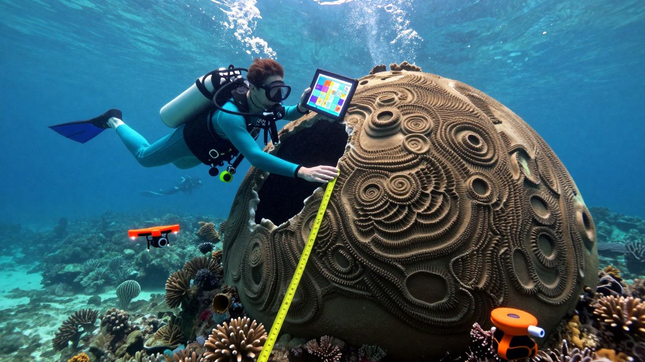 Mergulhador a medir e fotografar estrutura marinha esférica com padrões complexos no fundo do oceano.