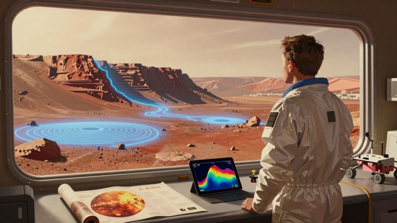 Astronauta observa deserto marciano com projeções holográficas azuis através de janela de base científica.