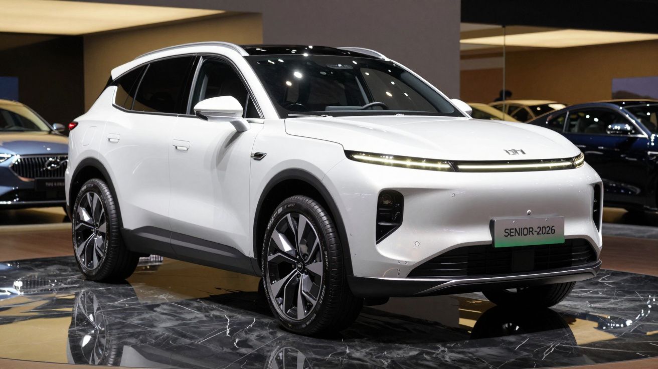 Carro elétrico SUV branco com design moderno exposto em salão automóvel.