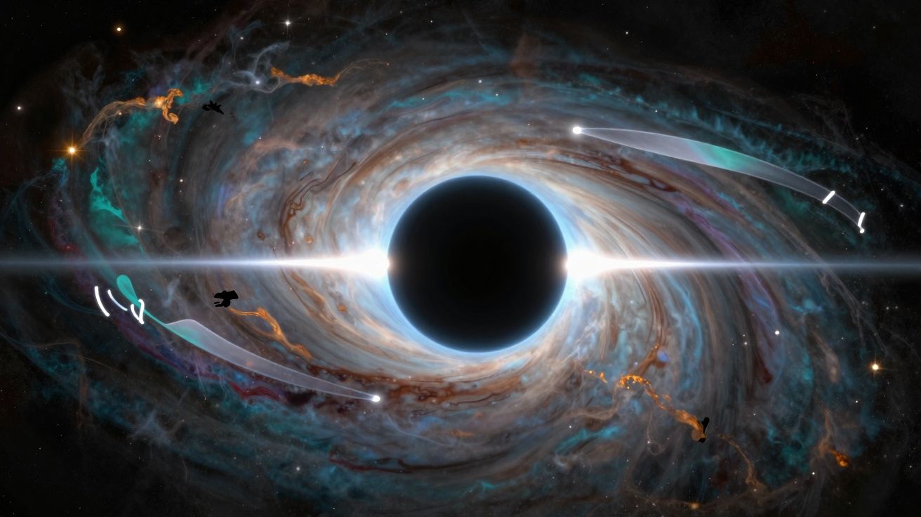 Buraco negro no centro com disco de acreção luminoso e estrelas no espaço circundante.