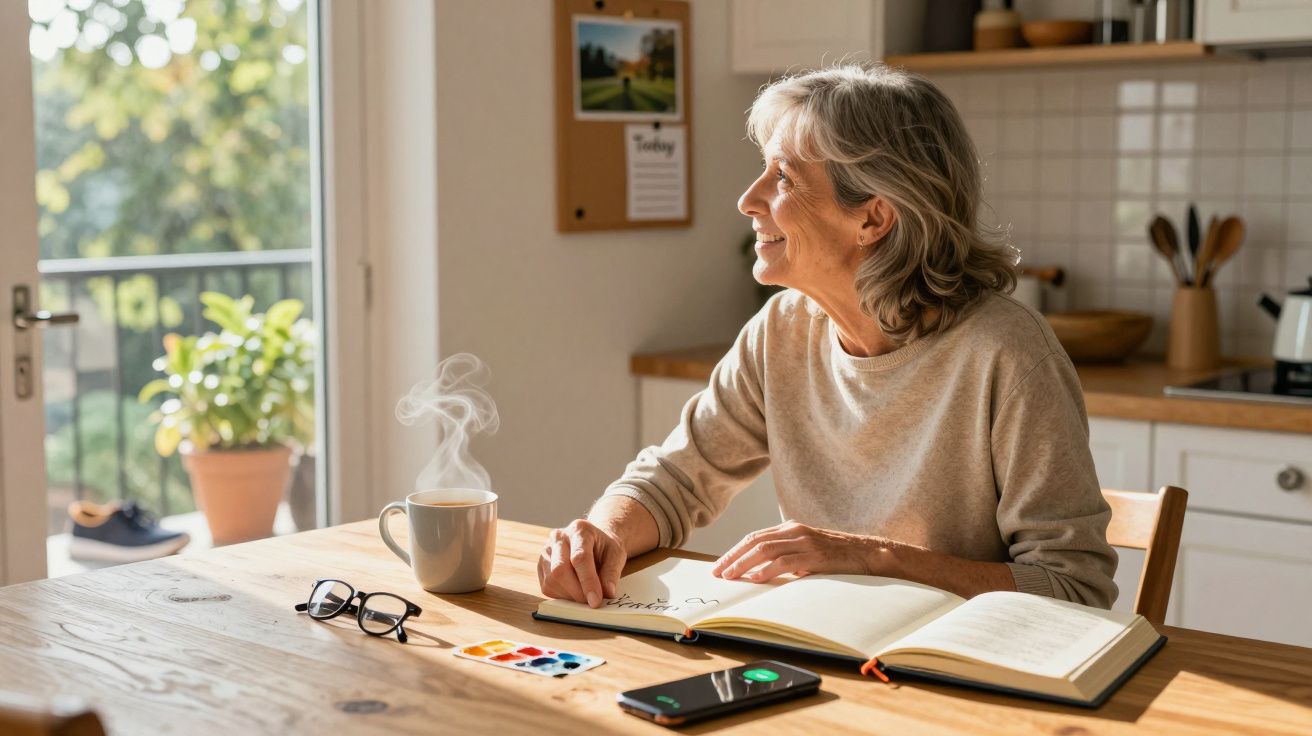 Mulher sénior sentada à mesa com caderno, aguarelas, telemóvel e chá quente numa cozinha iluminada.