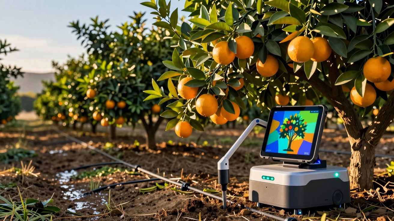 Robô agrícola a monitorizar árvores de laranjeiras num pomar ao ar livre com sistema de irrigação.