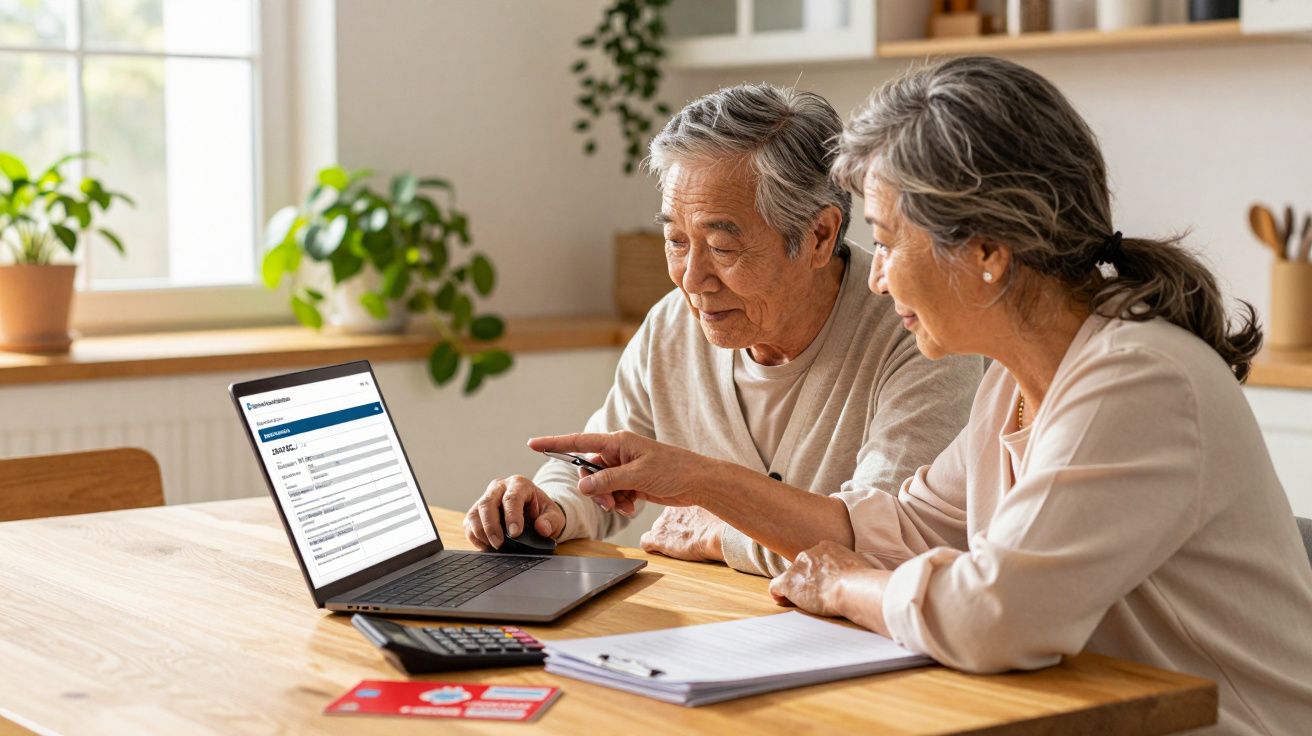 Casal sénior asiático sentado à mesa a consultar contas num computador portátil e a apontar para o ecrã.