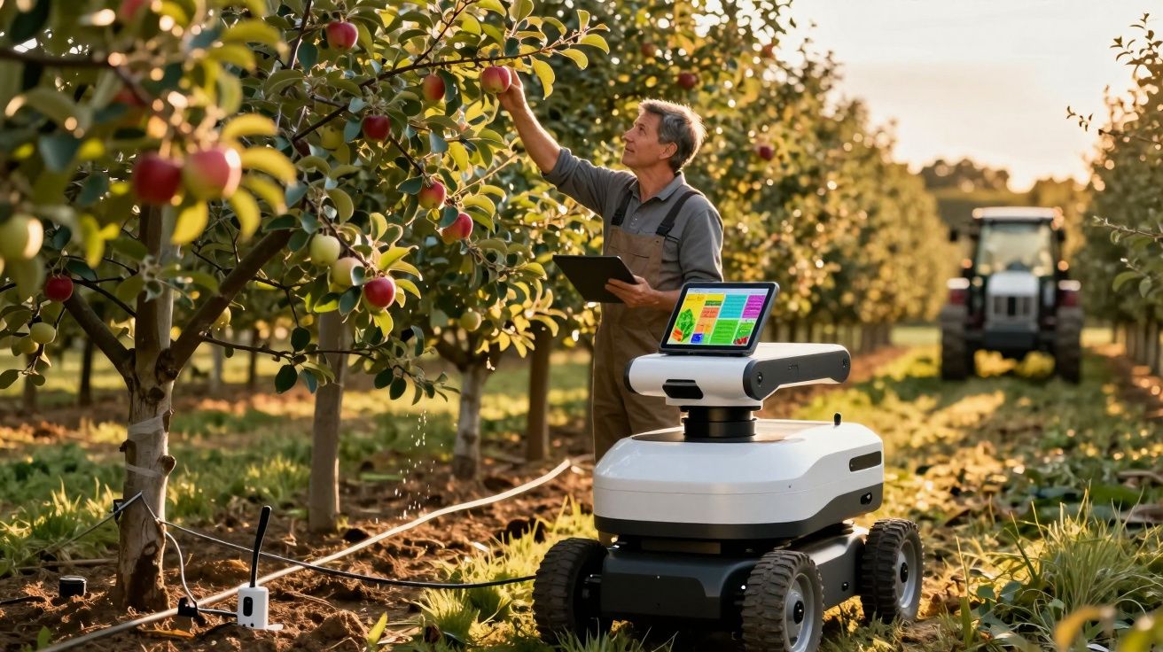Agricultor a inspecionar macieira com tablet e robô agrícola num pomar ao pôr do sol.