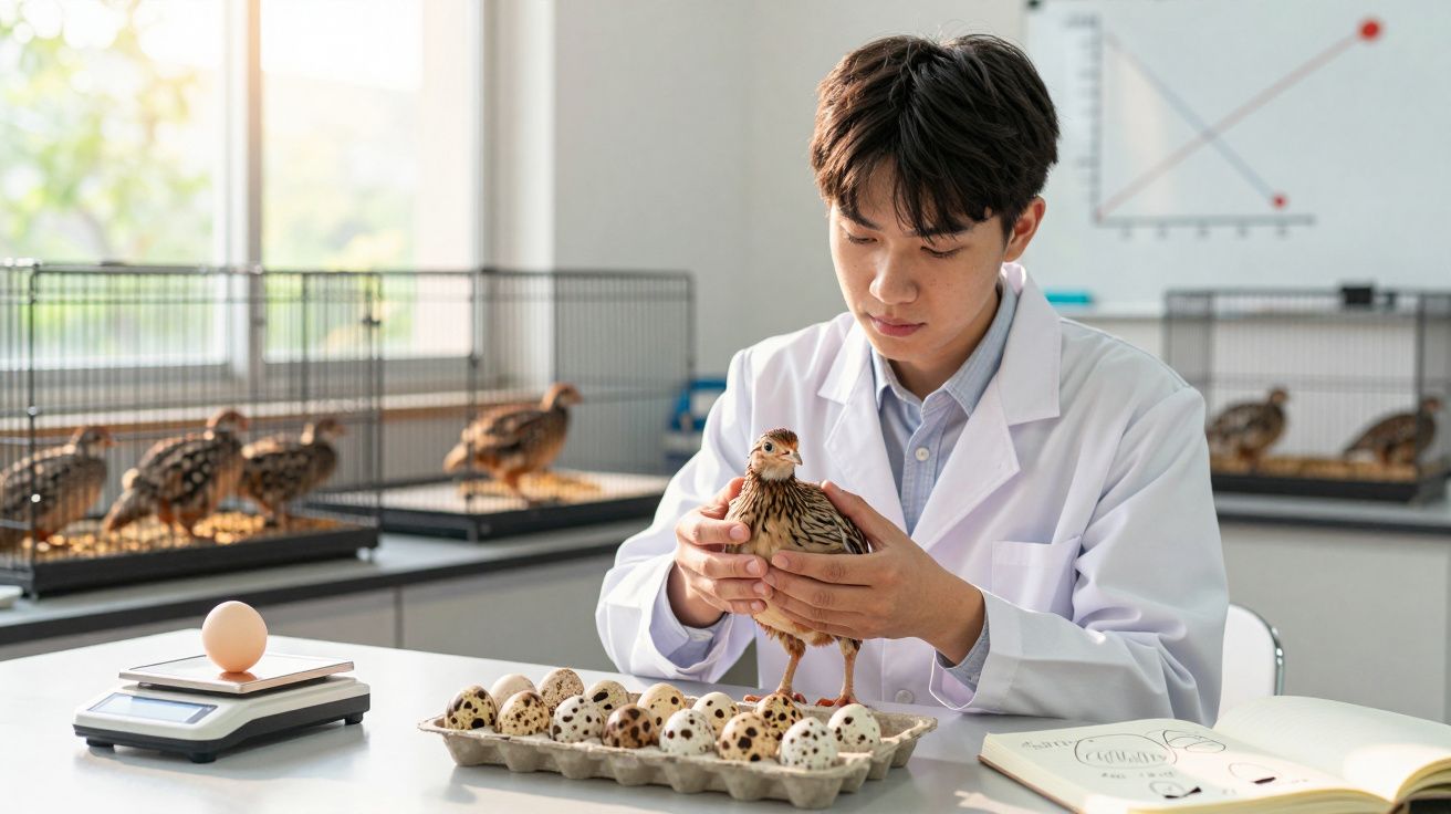 Cientista em laboratório a segurar perdiz junto a ovos manchados e gaiolas com aves ao fundo.