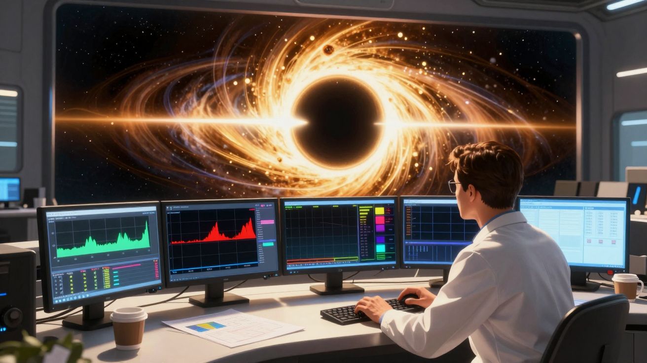 Cientista observa buraco negro e gráficos em ecrãs num laboratório futurista de exploração espacial.
