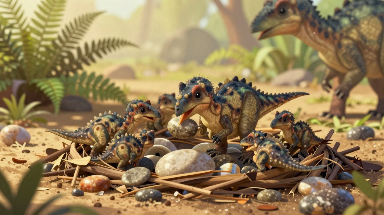 Dinossauros bebés coloridos num ninho com ovos na floresta pré-histórica.
