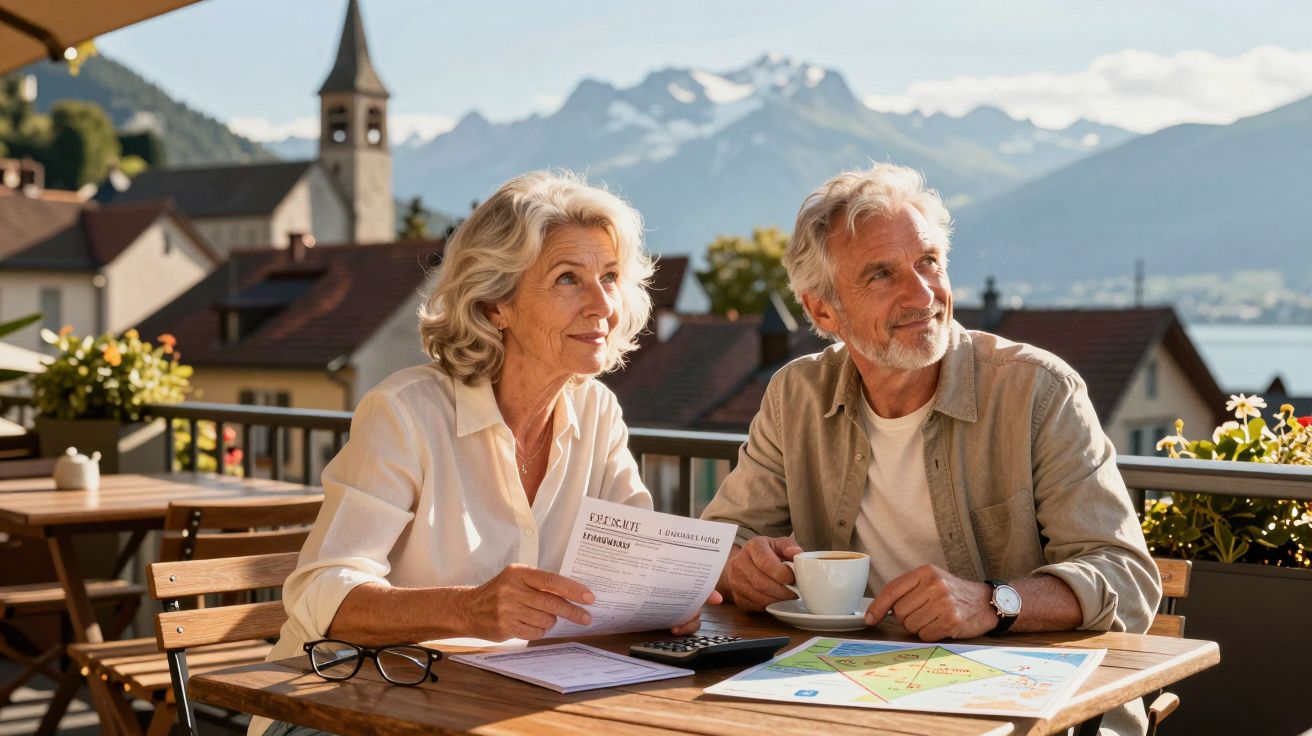 Casal sénior a planear viagem num café ao ar livre com montanhas e casas ao fundo.