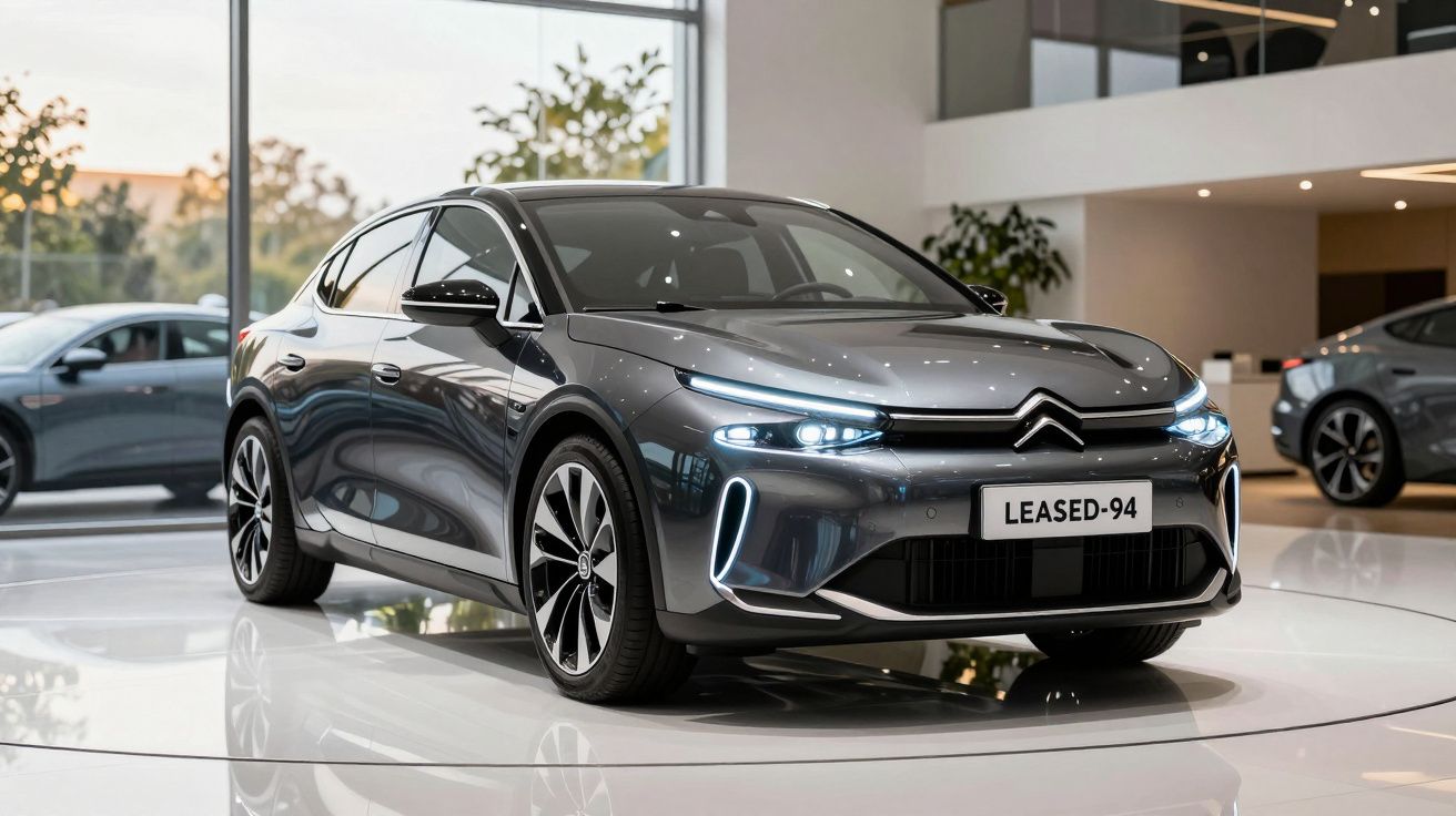 Automóvel Citroën elétrico cinzento escuro exibido numa sala de exposição moderna com luz natural.