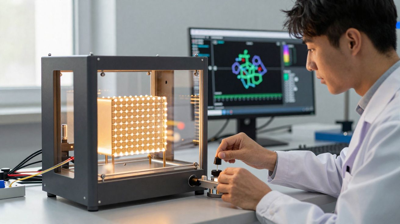 Cientista a operar equipamento de laboratório com cubo iluminado e monitor com gráficos digitais ao fundo.