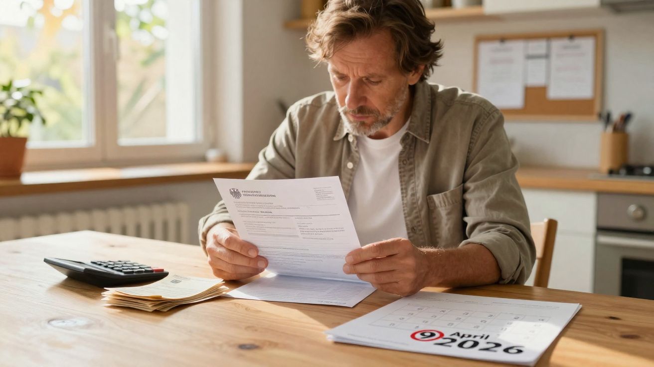 Homem preocupado a analisar documento sentado à mesa com calendário assinalado a 9 de abril de 2026.