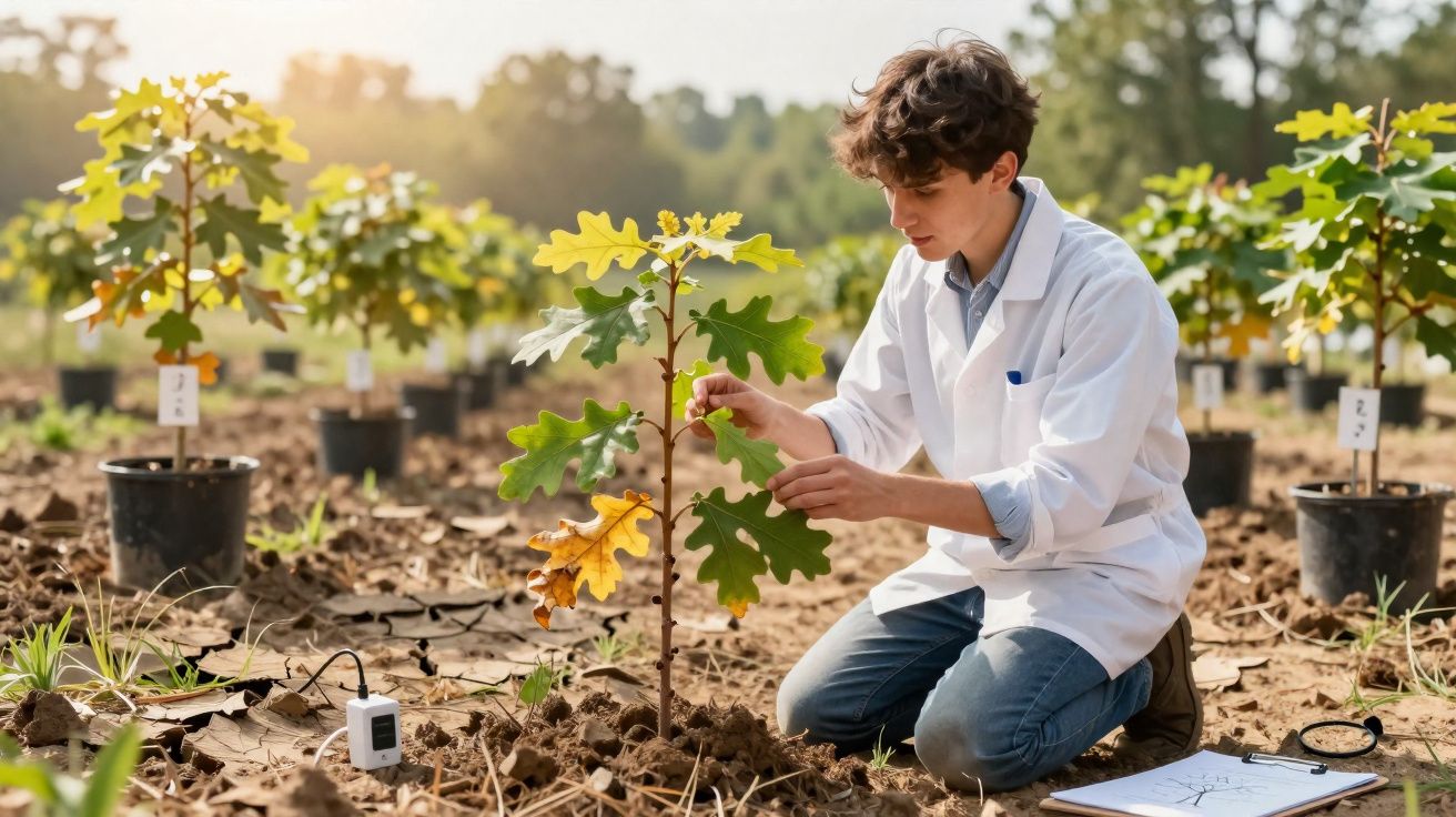 Jovem cientista em bata branca analisa planta jovem num campo de estudo ao ar livre durante o dia.