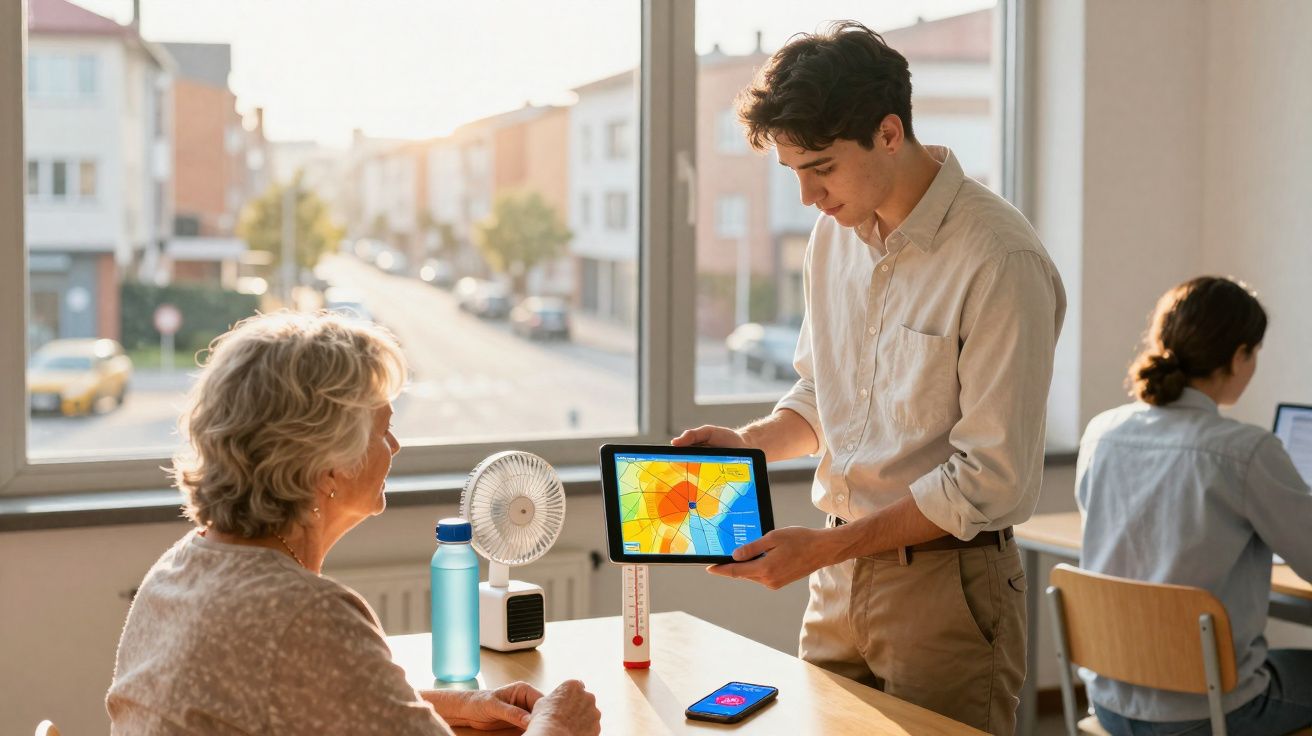 Jovem mostra dados de clima a mulher idosa numa sala iluminada com janela grande e mobiliário simples.