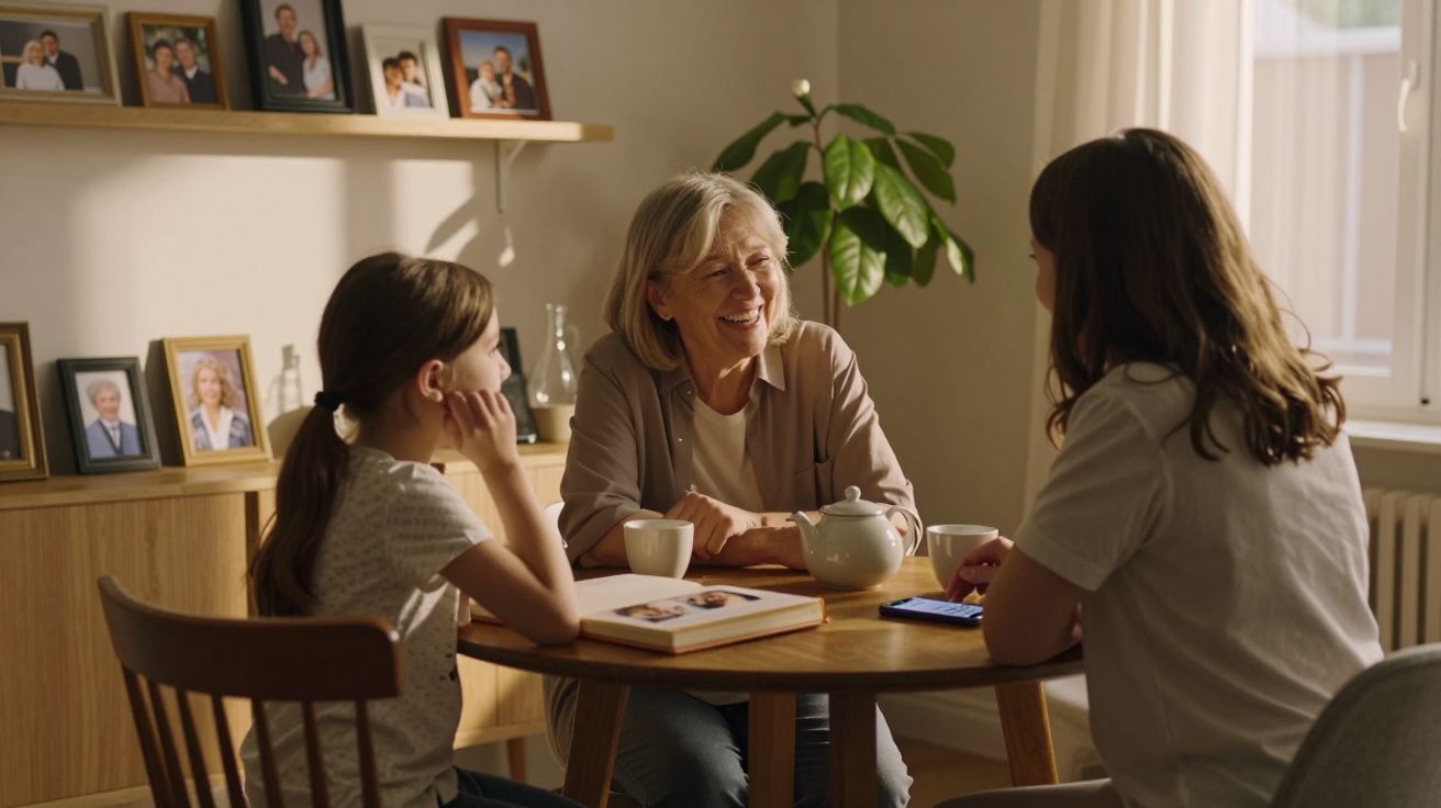 Três gerações femininas sentadas à mesa a conversar e sorrir, com fotos de família ao fundo.