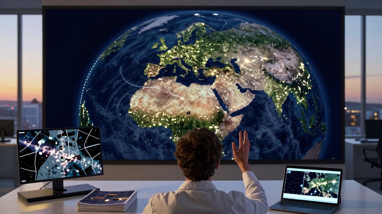 Pessoa numa sala a analisar mapas digitais e satélite da Terra com destaque para Europa, África e Ásia.