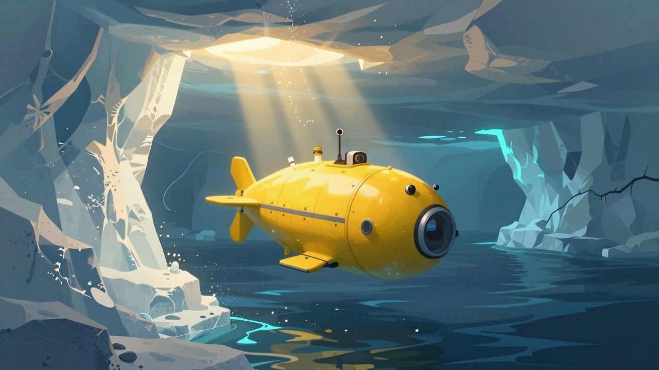 Submarino amarelo explora caverna subaquática iluminada por raios de luz natural.